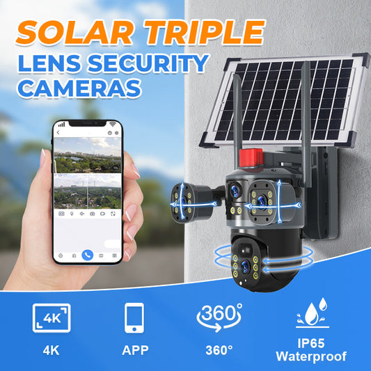 💥2025 New Hot Sale🎥 Solcelle-kuppelkamera med tre linser i 360°✈️ gratis frakt