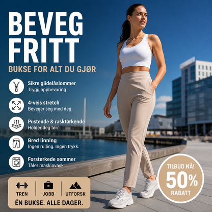 👖 50% RABATT – Høytaljede cargo-bukser – 4-veis stretch – glidelåslommer – pustende & hurtigtørkende – fra gym til gate – for hverdag og trening