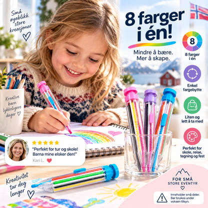 🌈 8‑i‑1 fargestift – åtte utskiftbare farger i én kompakt kropp. Perfekt til skole, reiser og kreativ lek! ✨🎒