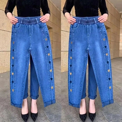 Damejeans med Høy Elastisitet og Hjertemønstret Broderi