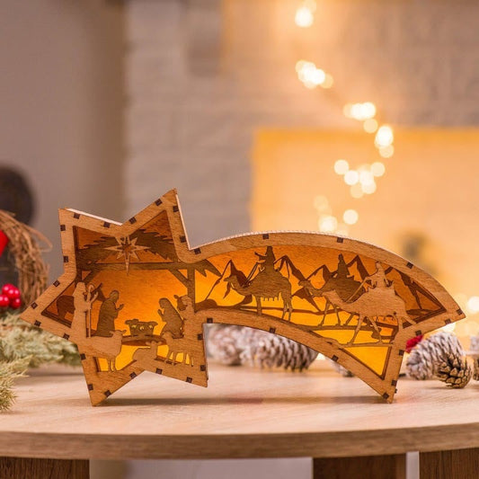 🎅LED-juledekorasjoner i tre Julekrybbe Stjerneformet skrivebordslampe🌟