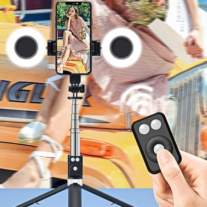 📸🔥Selfie-stav med stativ – Bluetooth-fjernkontroll, LED-lys – Kompatibel med smarttelefoner og actionkamera