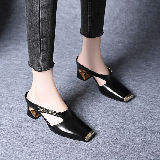 🏖️Sommertilbud🌴Casual mules for kvinner med firkantet tå og middels blokkhee