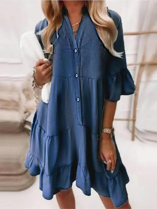 👗Sommerkjole med V-hals og volanger - lett sommerkjole i denimlook