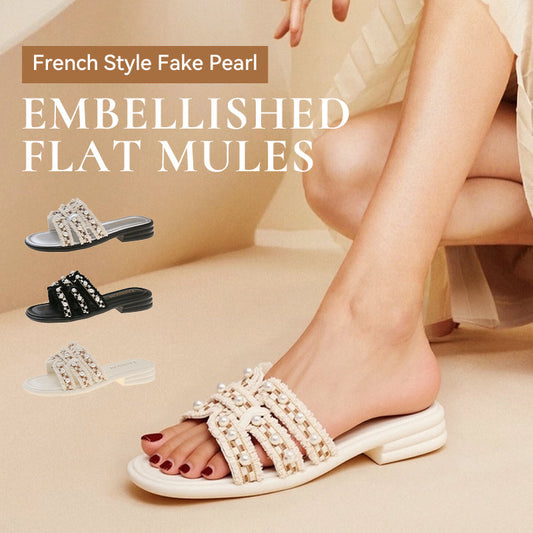 Flate mules med falske perler i fransk stil
