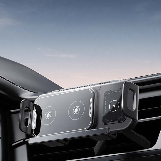 2-i-1 sammenleggbar bilholder for telefon og trådløs lader