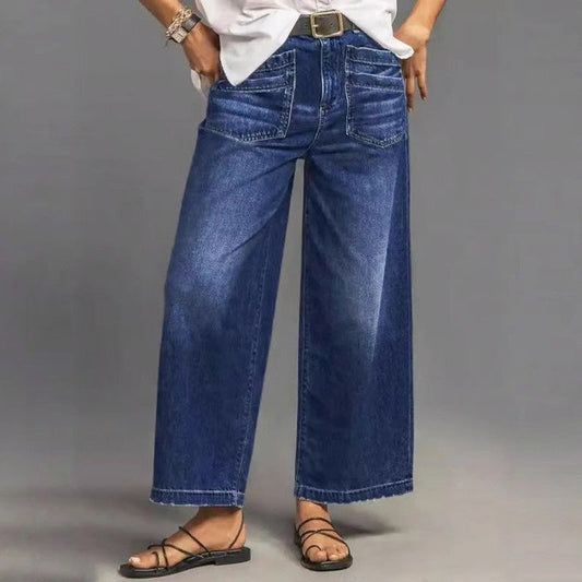 📢📢49 % RABATT!!⏰Casual høyhalset jeans med vid ben for kvinner