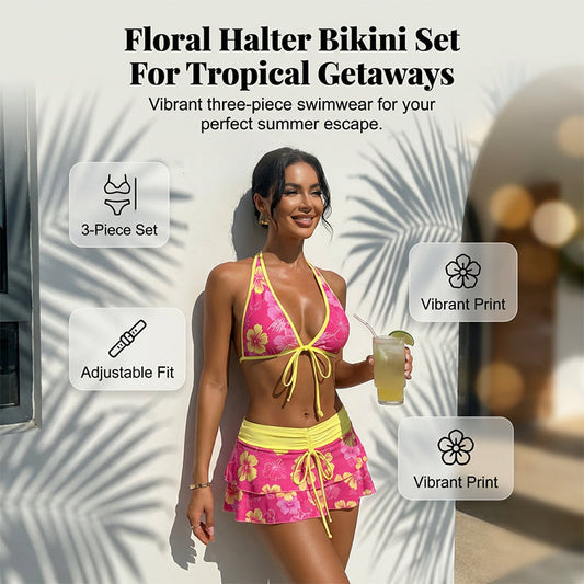 3-delers bikini-sett med blomstermønster og halterneck, med volangskjørt