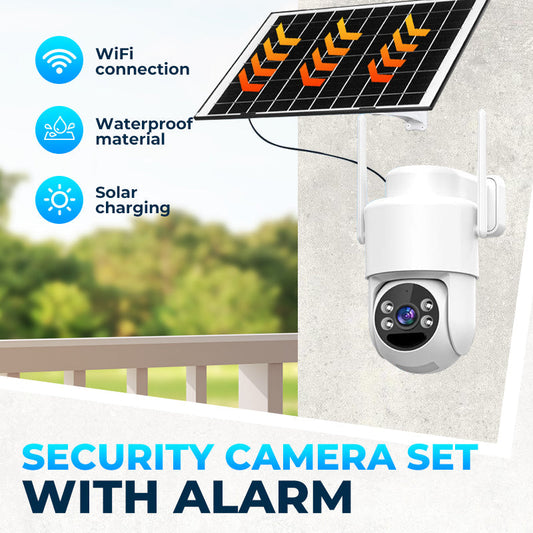 Trådløst sikkerhetskamera-sett med solcellepanel og alarm