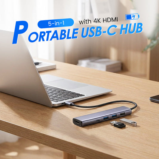 Bærbar 5-i-1 USB-C Hub med 4K HDMI