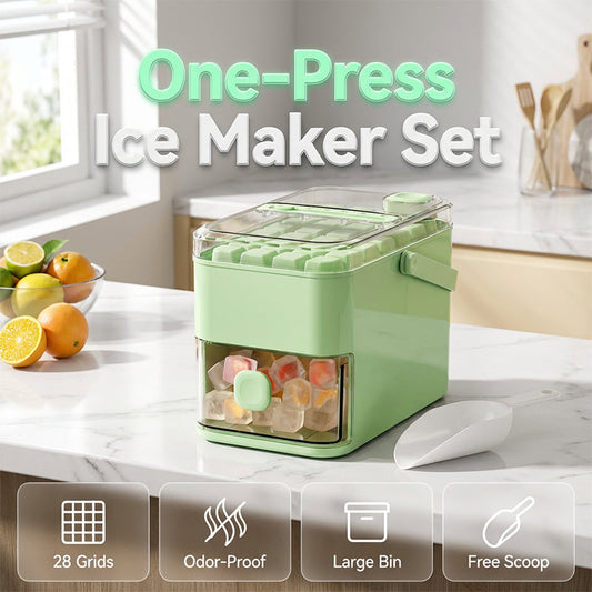 🧊 50% RABATT – Press-Ice Maker sett – 28 isbiter på ett trykk – oppbevaringsboks – matvaregodkjent – luktfri