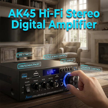 🎶 Digital karaokeforsterker – Bluetooth, USB og AUX, perfekt for mikrofon, gitar og høyttalere, kompakt og lett å ta med seg 🎸
