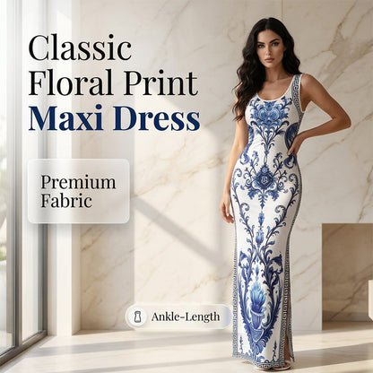 👗 TIDSBEGRENSET 50% RABATT! ✨ Dame Klassisk Blomsterprint Maxikjole – Bodycon, Sidesprett, Porselen Mønster 💙
