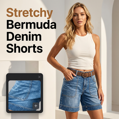 Denim-bermudashorts for damer, med middels høy midje og lommer