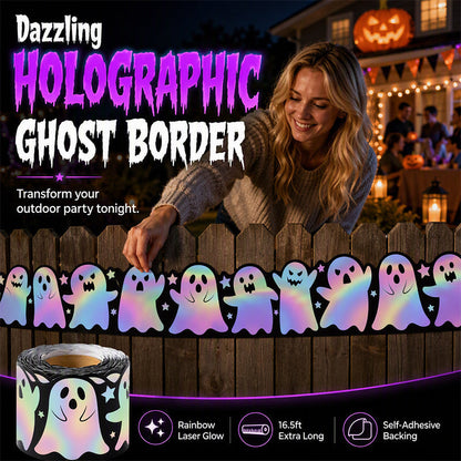🎃 50% RABATT NÅ! Halloween holografisk laser spøkekant-klistremerke – blænende spøkedesign, regnbueglimmer & 5 meter – perfekt for klasserom, hjem og vinduer 👻✨