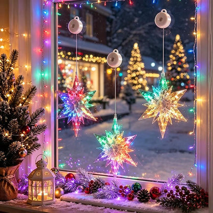 🎄❄️LED-julelys med snøfnugg og sugekopp ✨ | Batteridrevet, varmhvitt og flerfarget lys til vinduer, hjem og julefest